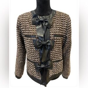 Anthropologie Bow Faux Leather-Trimmed Tweed Lady Jacket- medium